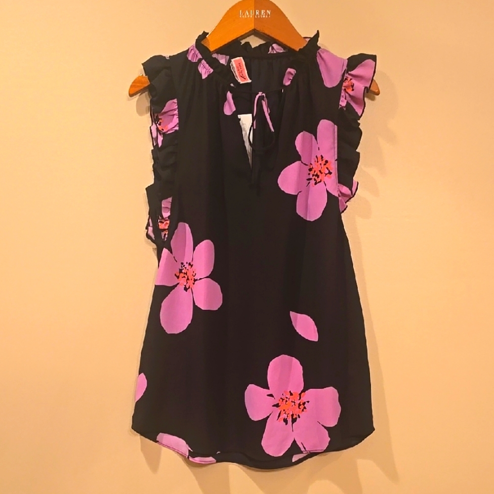 Kate Spade Black Sleeveless Top with Pink Floral Design XS
